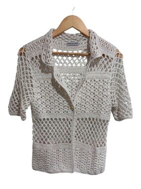 Pensato White Crochet Short Sleeve Button-Up Top with Cotton Blend